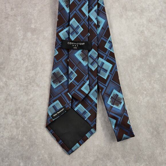 Covington Blue Brown Geometric Square Executive Silk Executive Neck Tie Men's - Picture 3 of 6